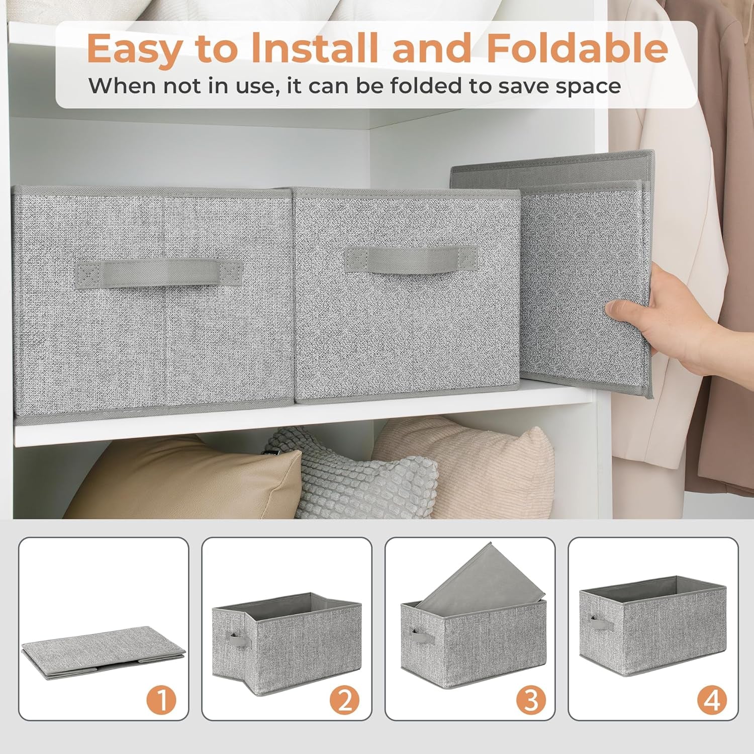 3-Pack Large Fabric Storage Bins with Handles, Collapsible Storage Boxes for Shelves & Closet Organization, Gray