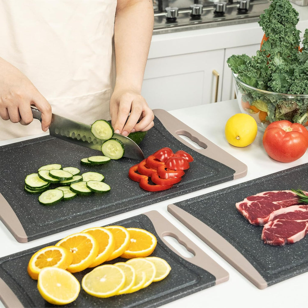 3-Pack Extra Large Plastic Cutting Boards with Juice Grooves & Easy-Grip Handles, Dishwasher Safe, Almond Gray