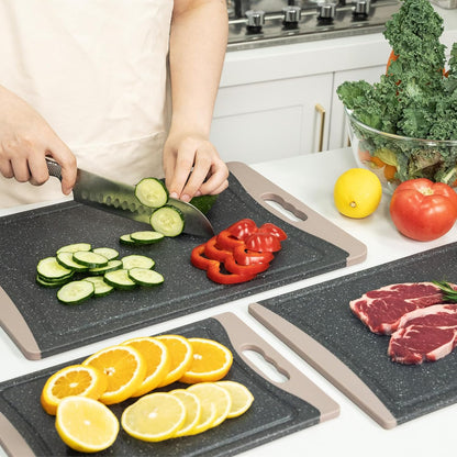 3-Pack Extra Large Plastic Cutting Boards with Juice Grooves & Easy-Grip Handles, Dishwasher Safe, Almond Gray