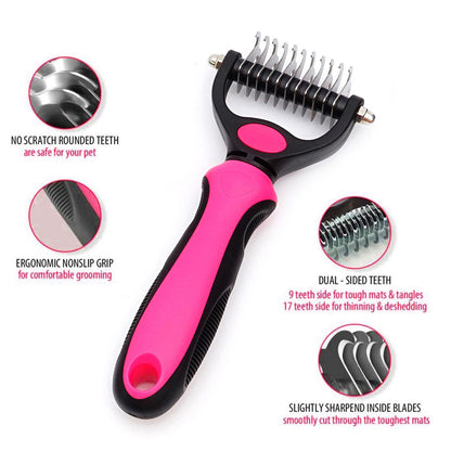 Double-Sided Pet Grooming Brush, Shedding & Dematting Undercoat Rake for Cats & Dogs, Extra Wide (Pink)