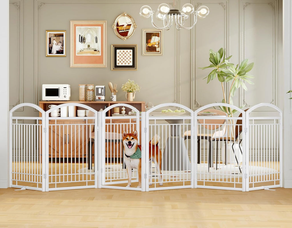 Folding Metal Dog Gate with Door, Freestanding Pet Fence