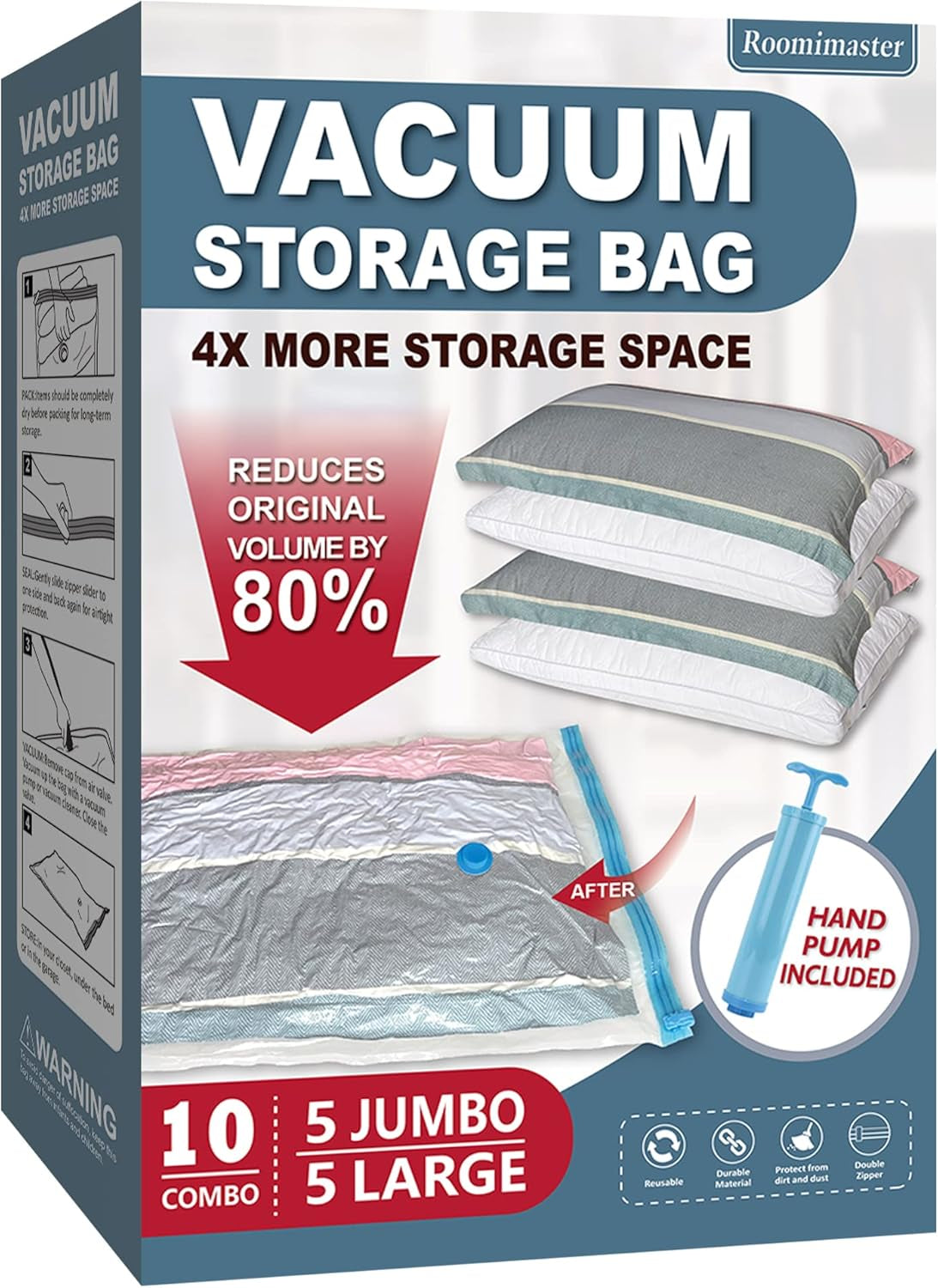 10 Large Vacuum Storage Bags with Hand Pump – Space Saver Bags for Clothes, Blankets, Comforters & Travel Luggage