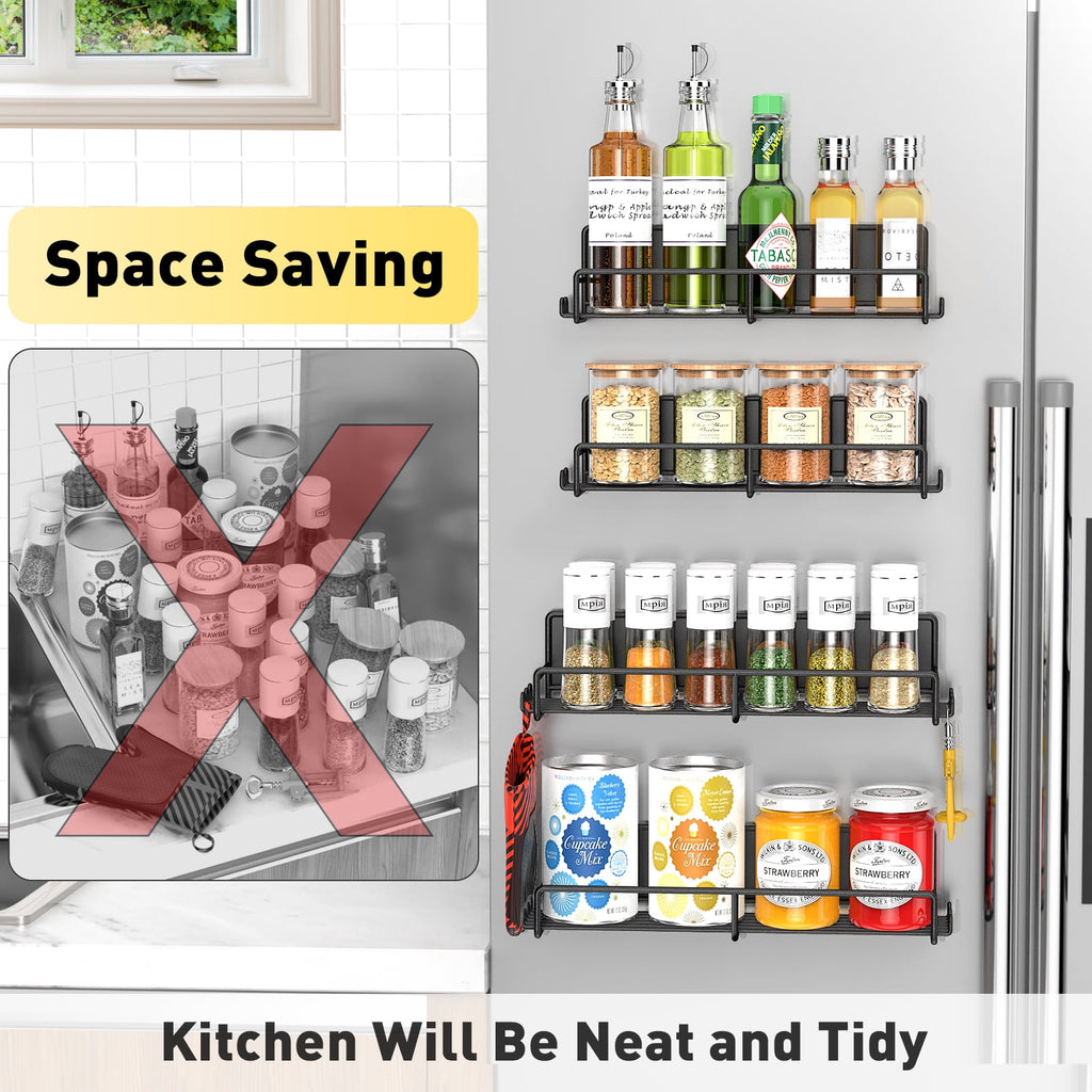 4-Pack Black Magnetic Spice Racks for Refrigerator & Oven, Metal Storage Shelves with Strong Magnets for Seasoning Organization