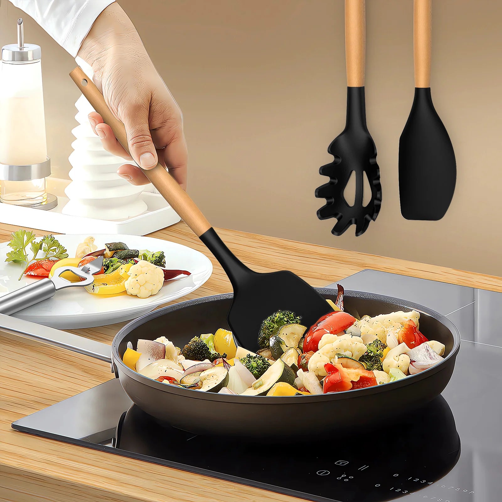 Silicone Cooking Utensil Set with Wooden Handles, Heat Resistant up to 446°F, BPA-Free Kitchen Tools with Holder for Non-Stick Cookware (Black)