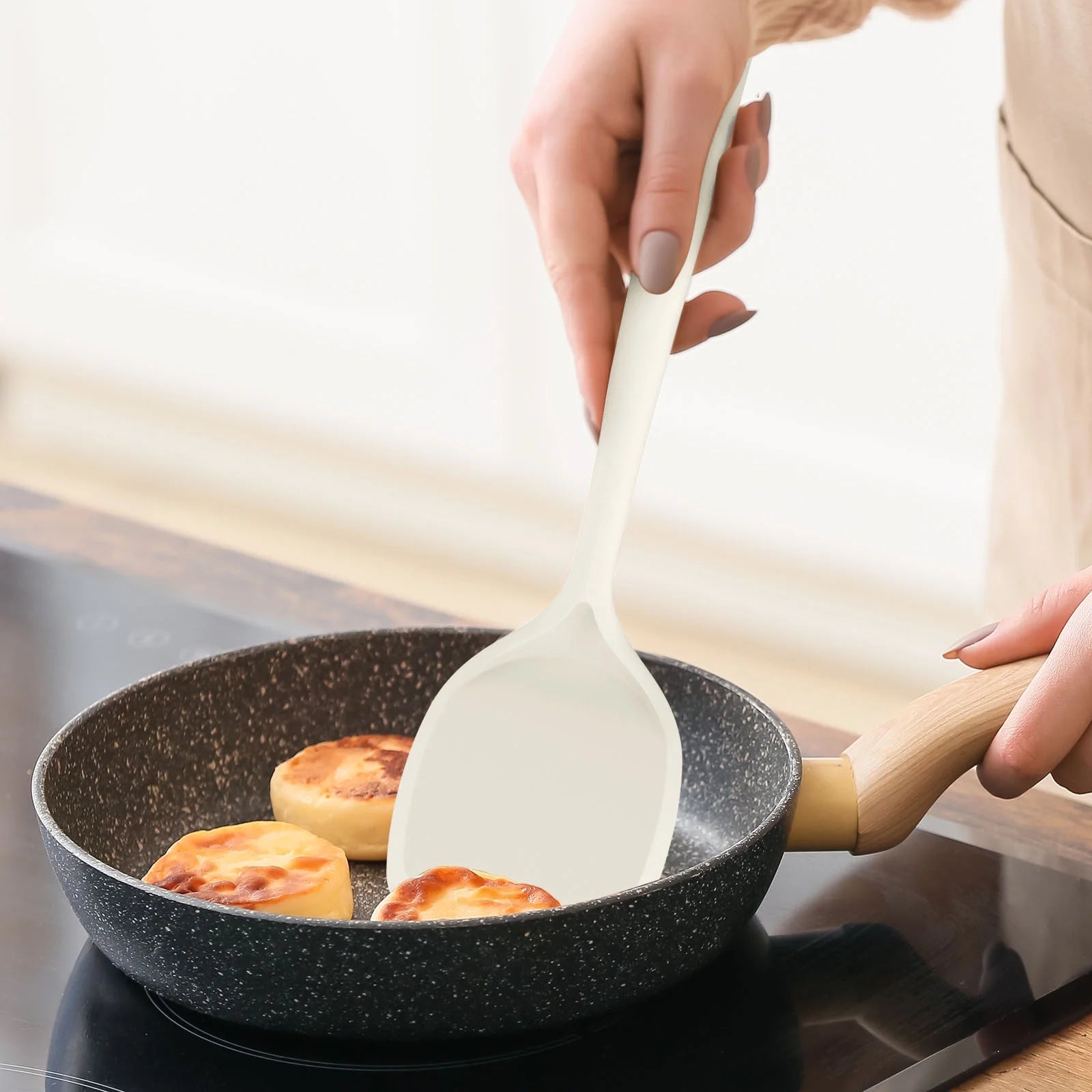 Silicone Kitchen Utensil Set, 600°F Heat Resistant Tools for Nonstick Cookware – Spatula, Spoon, Whisk, Tongs, Dishwasher Safe, BPA-Free (Cream White)