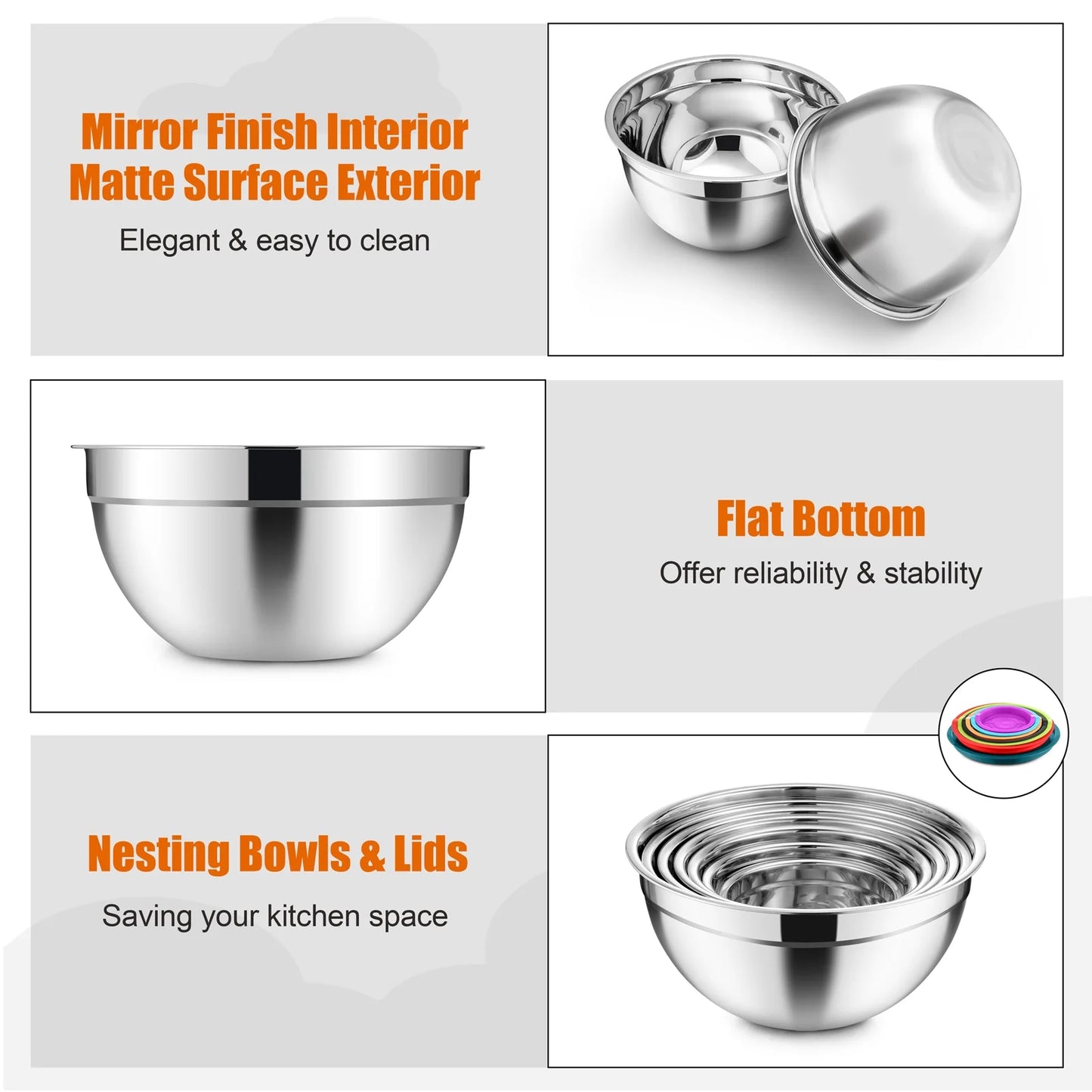 35-Piece Stainless Steel Nesting Mixing Bowl Set with Lids, 7 Sizes with 3 Graters & Kitchen Utensils for Mixing, Serving & Grating, Multi-Color