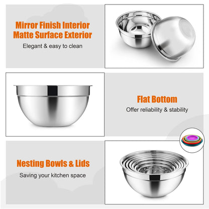 35-Piece Stainless Steel Nesting Mixing Bowl Set with Lids, 7 Sizes with 3 Graters & Kitchen Utensils for Mixing, Serving & Grating, Multi-Color