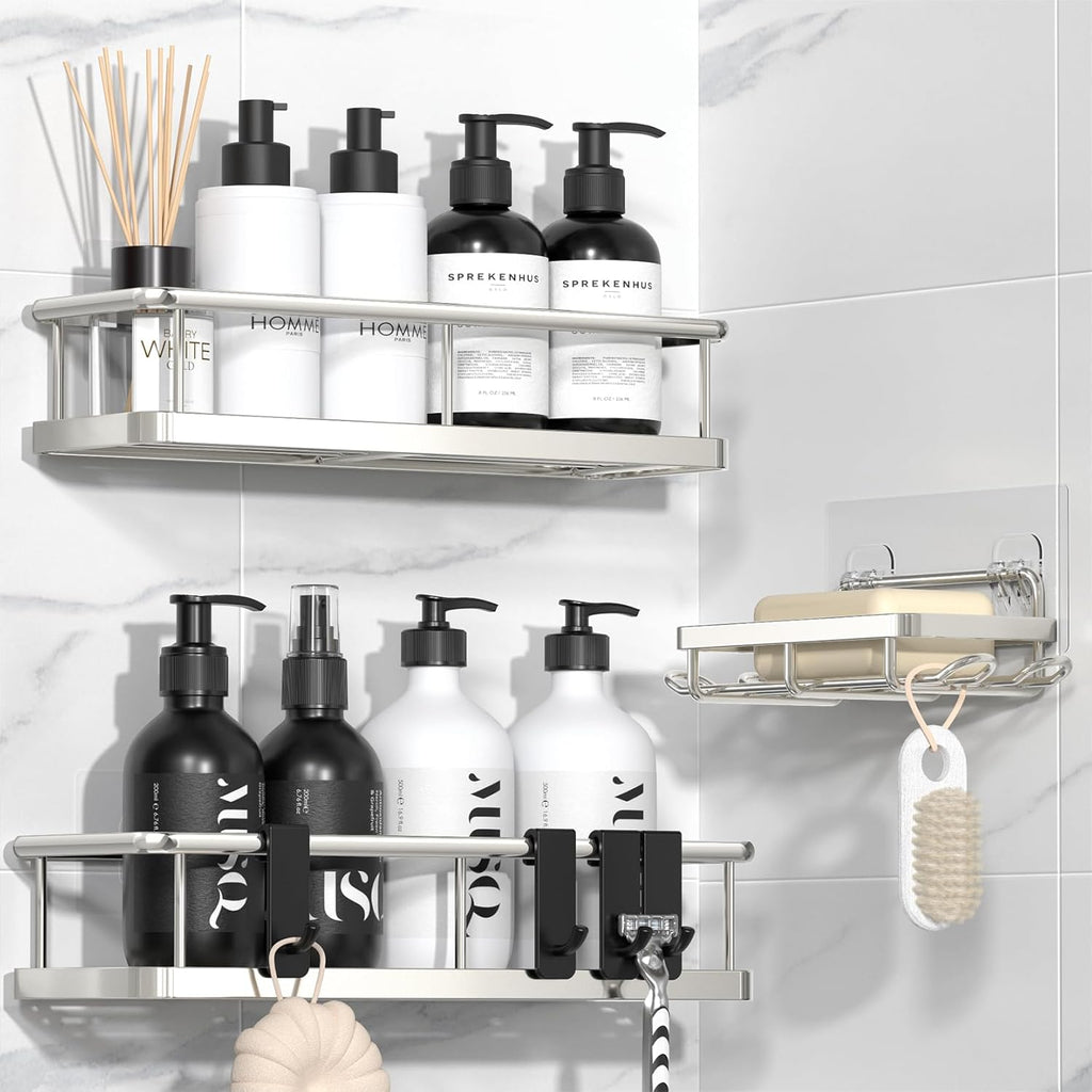 Adhesive Rustproof Shower Caddy with Removable Hooks, Large Capacity Bathroom Organizer, No-Drill Storage Shelf, Black