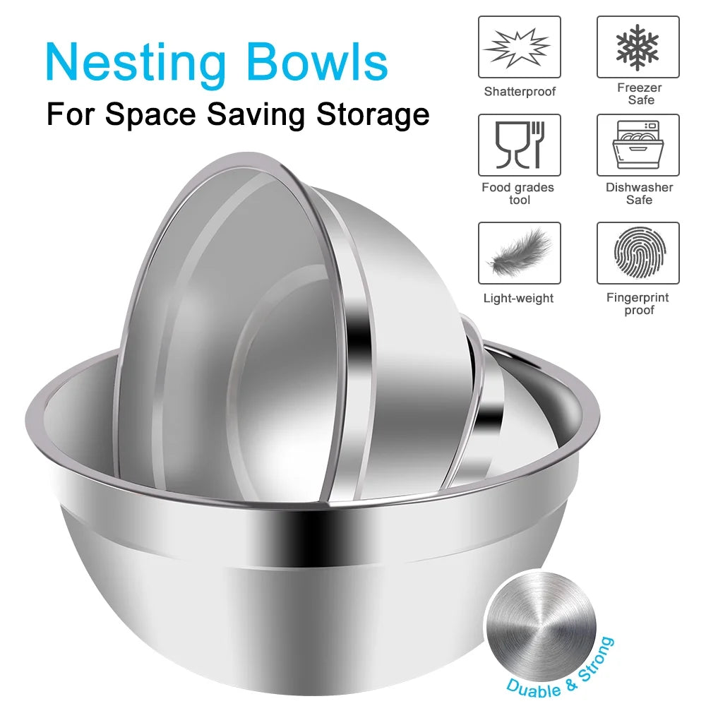 Mixing Bowls with Lids Set, 23 Pcs Kitchen Utensils Stainless Steel Nesting Bowls, Measuring Cups Spoons, 12 Reusable Silicone Stretch Lids Non-Slip Mat Egg Whisk for Baking Cooking by