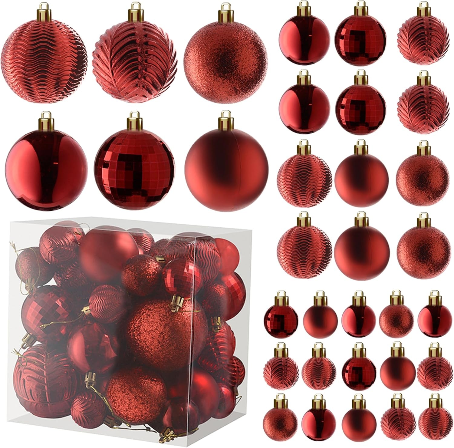  36-Piece Shatterproof Green Christmas Ornaments – 3 Sizes, 6 Styles with Hanging Loops for Tree, Wreath & Holiday Decor