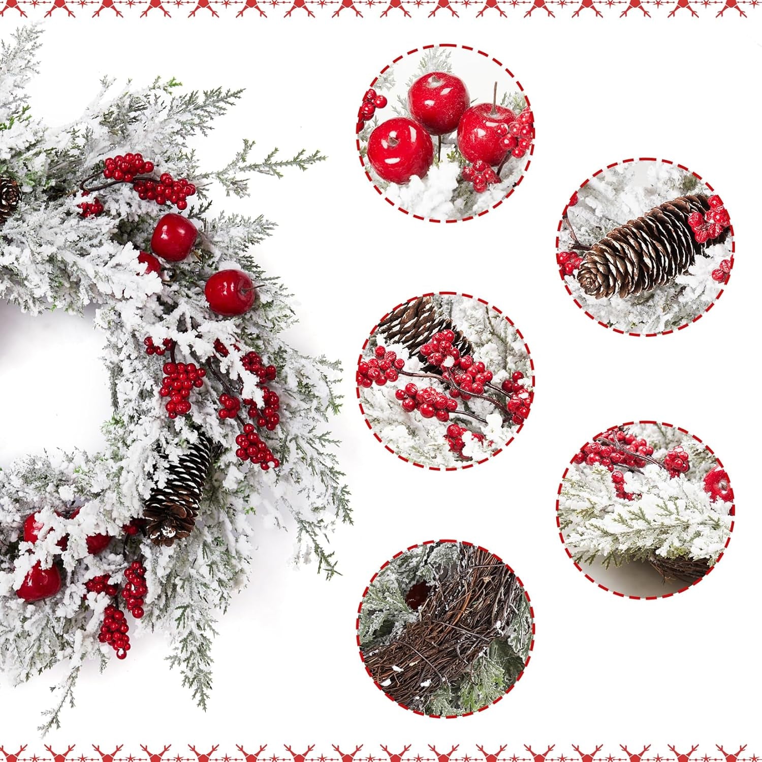  Snow Flocked Christmas Wreath with Red Apples & Pine Cones – Indoor/Outdoor Holiday Decoration