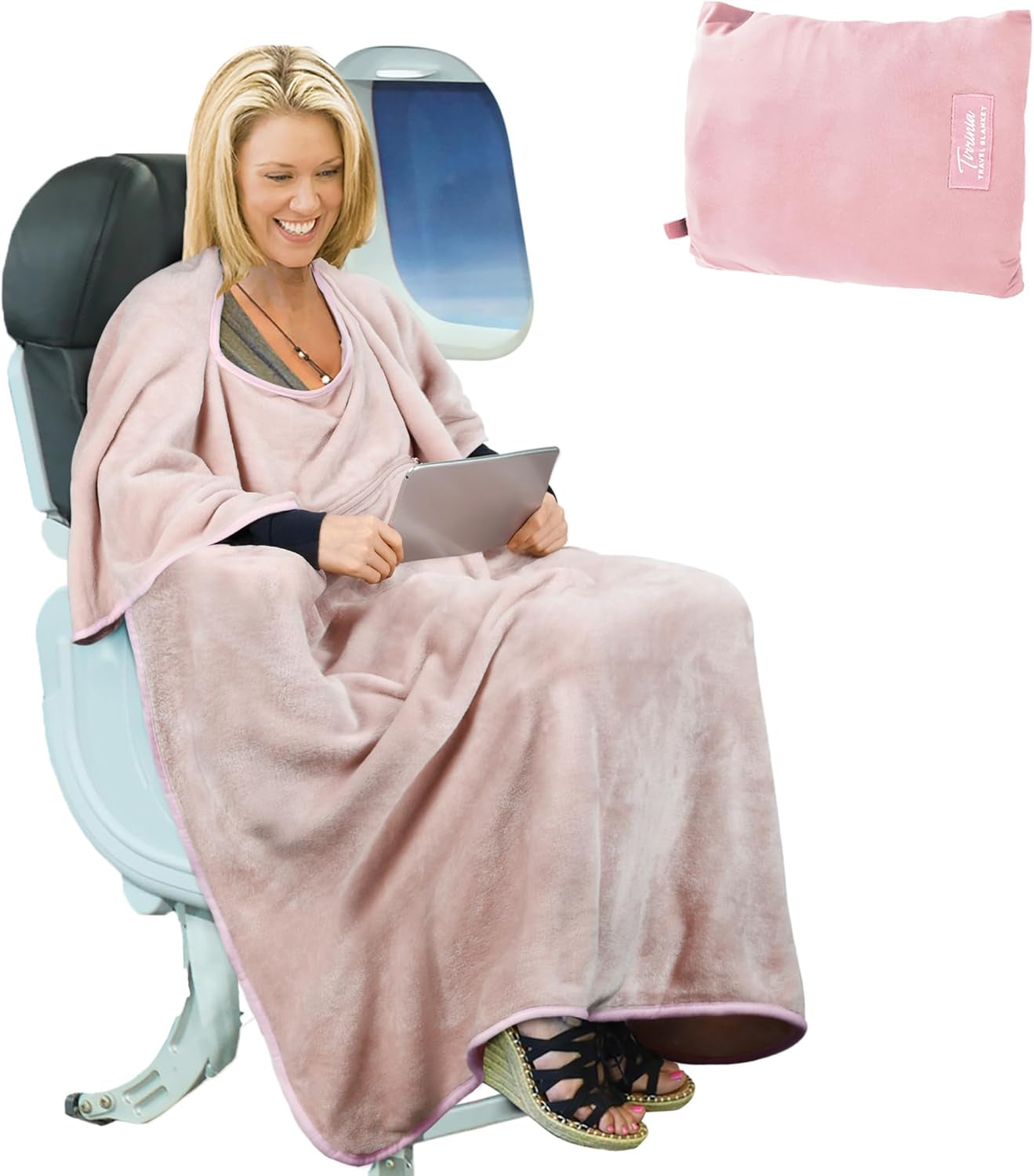 Travel Blanket Airplane Office Poncho 4 in 1 Premium Cozy Fleece Portable Poncho Blankets with Built-In Bag, Pocket
