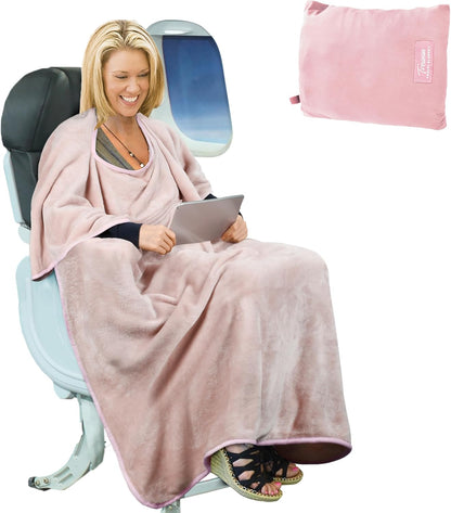 Travel Blanket Airplane Office Poncho 4 in 1 Premium Cozy Fleece Portable Poncho Blankets with Built-In Bag, Pocket