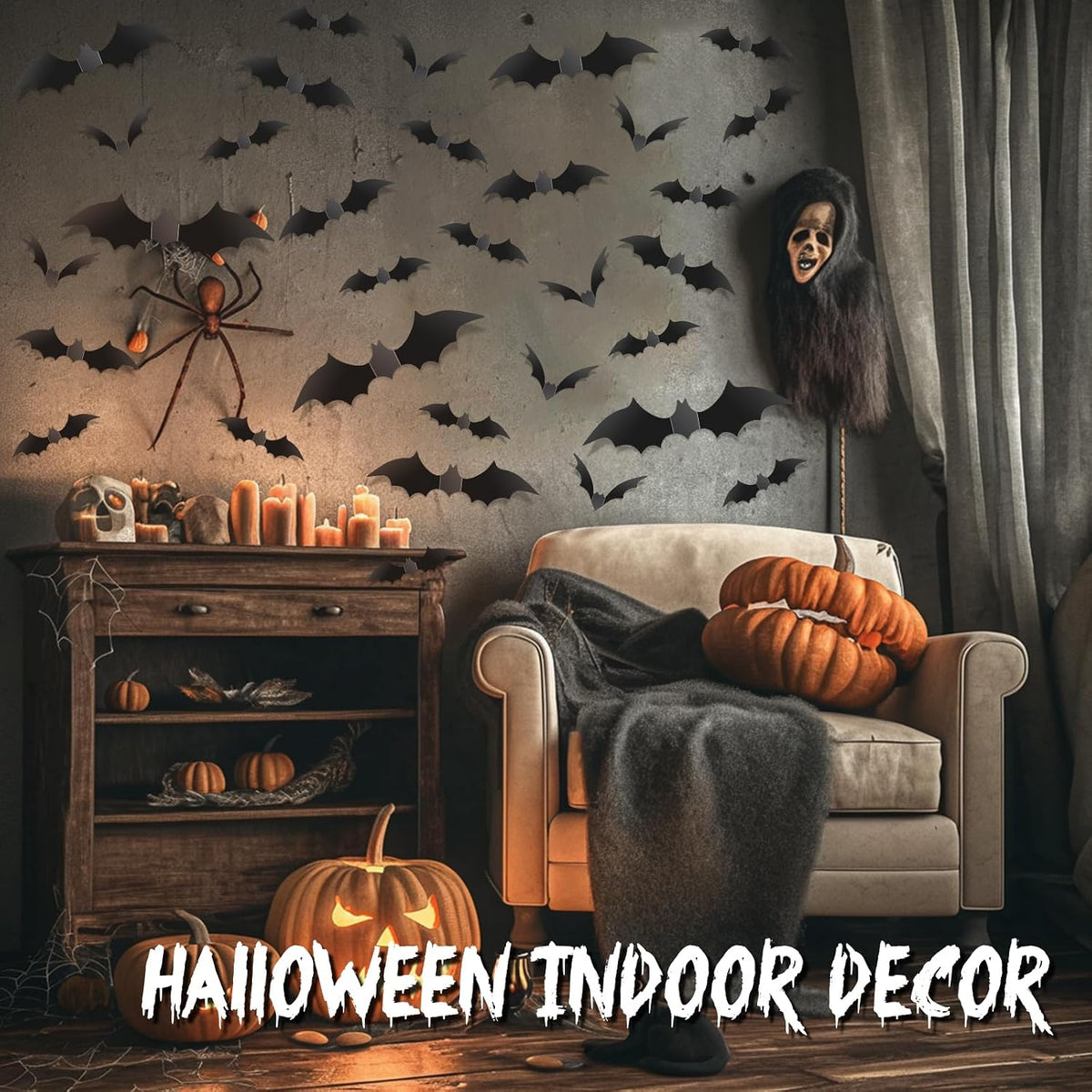 Five size black bat decals for Halloween party decor