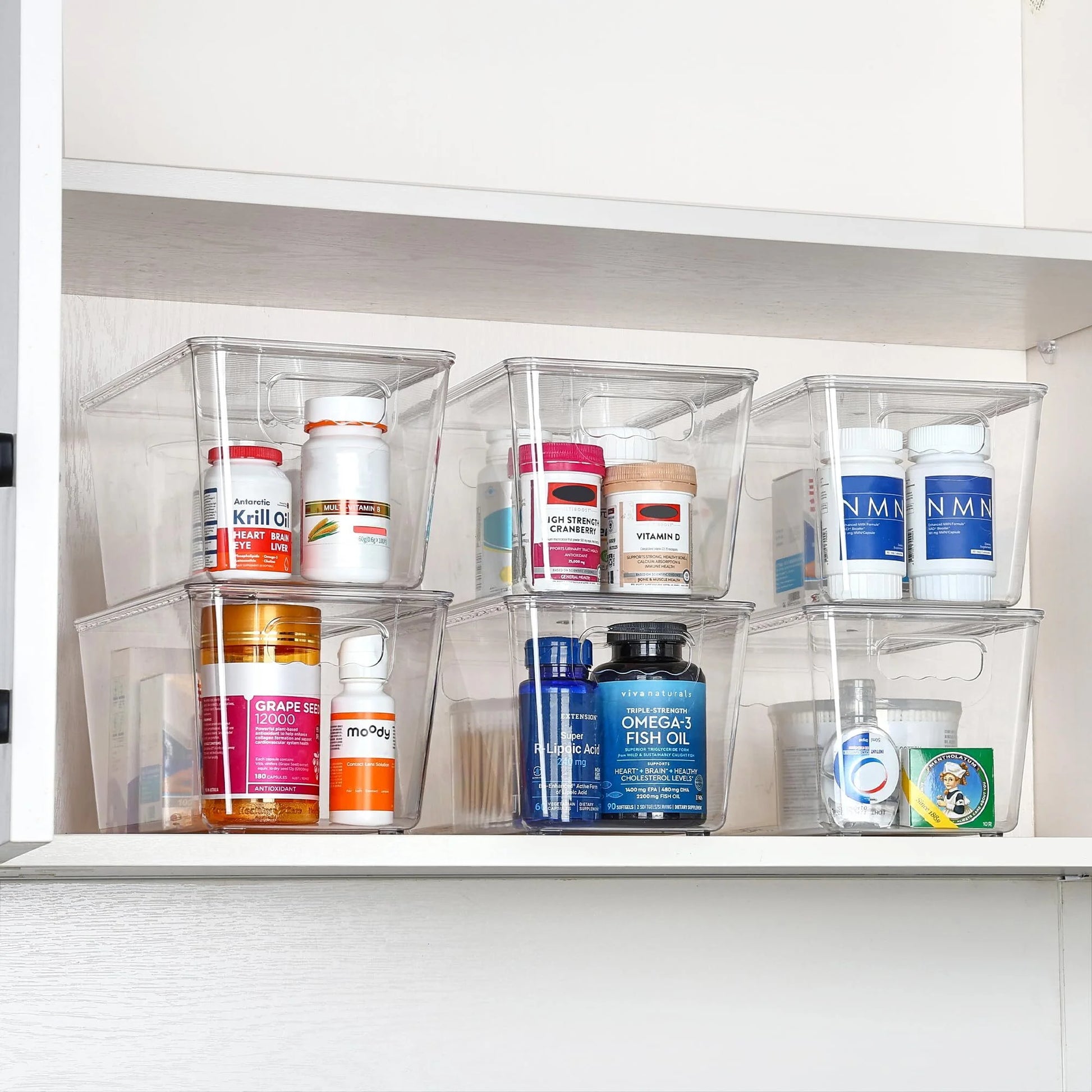 6 Pack Clear Plastic Storage Bins with Lids, Pantry Organizer, for Cabinet, Kitchen, Medium