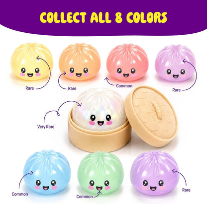 Collectible glitter dumpling squishy toy available in multiple colorful designs