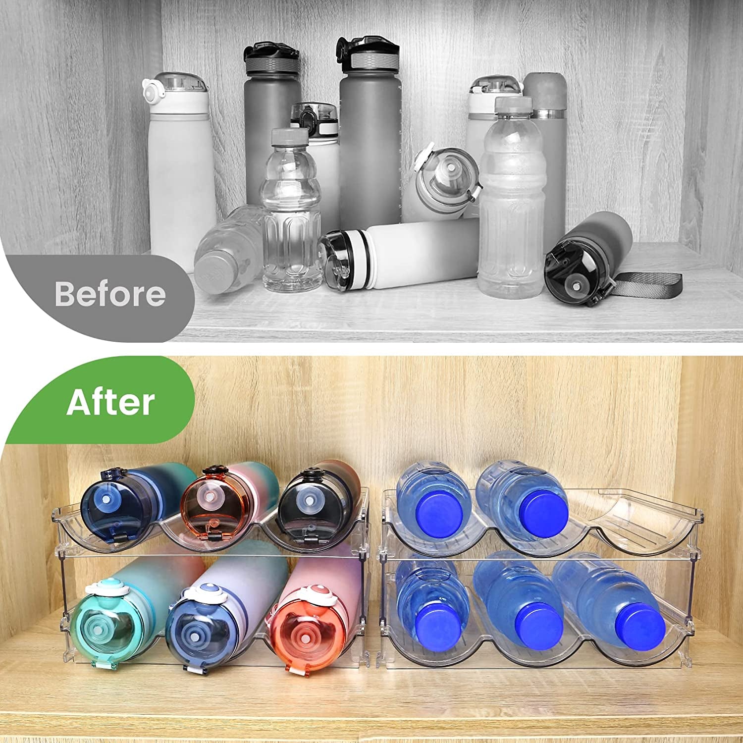 Water Bottle Organizer for Cabinet, 2 Packs Water Bottle Storage Rack, Water Bottle Holder for Cabinet