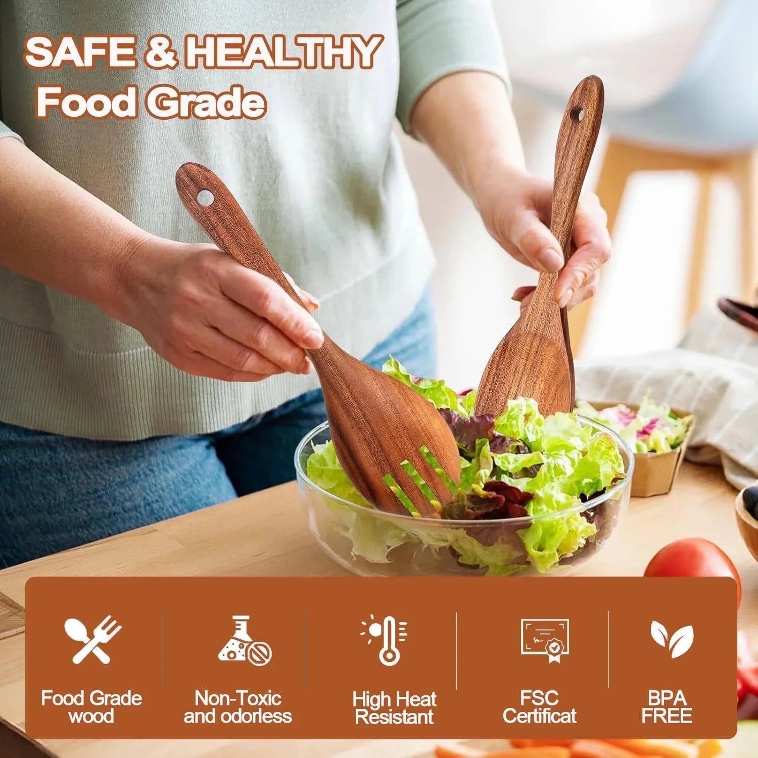 9-Piece Natural Teak Wooden Cooking Utensil Set with Holder & Spoon Rest, Safe for Nonstick Pans & Cookware