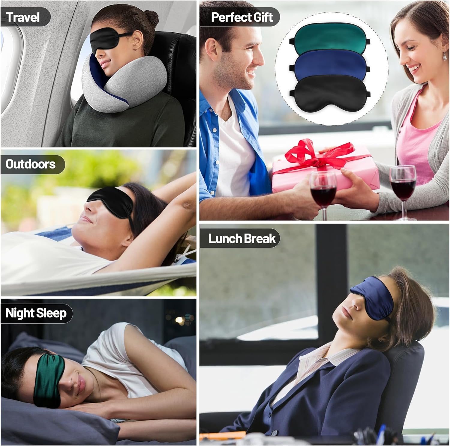 Silk Sleep Mask – Adjustable Satin Blackout Blindfold for Men & Women, Comfortable Night Sleep (Black, Blue, Green)