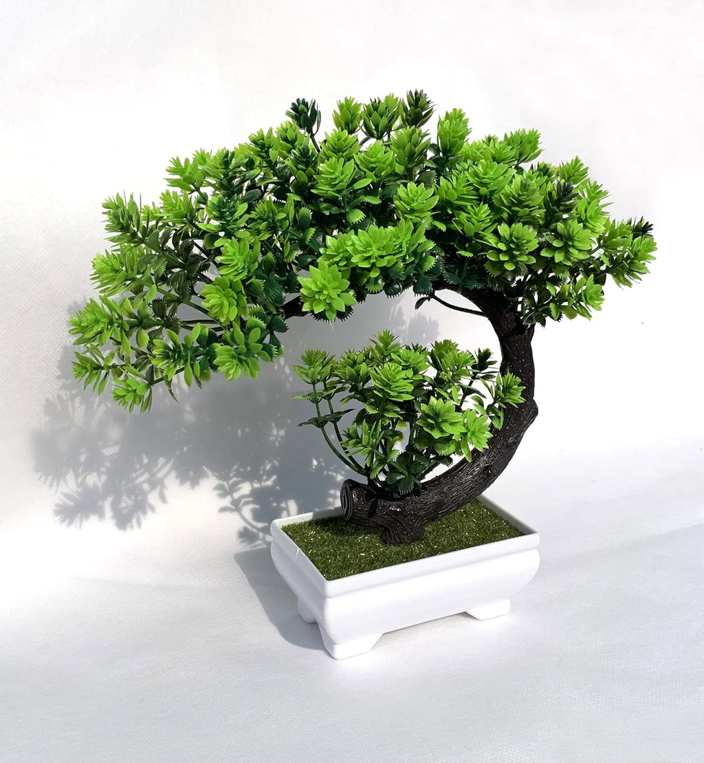 Small 8.5" Artificial Bonsai Plant, Green Faux Desktop Decor for Home, Office, Bookshelf & Bathroom