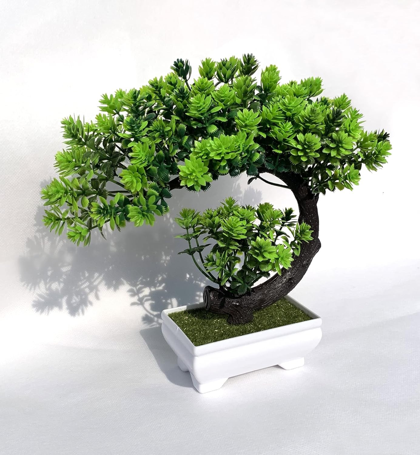 Small 8.5" Artificial Bonsai Plant, Green Faux Desktop Decor for Home, Office, Bookshelf & Bathroom