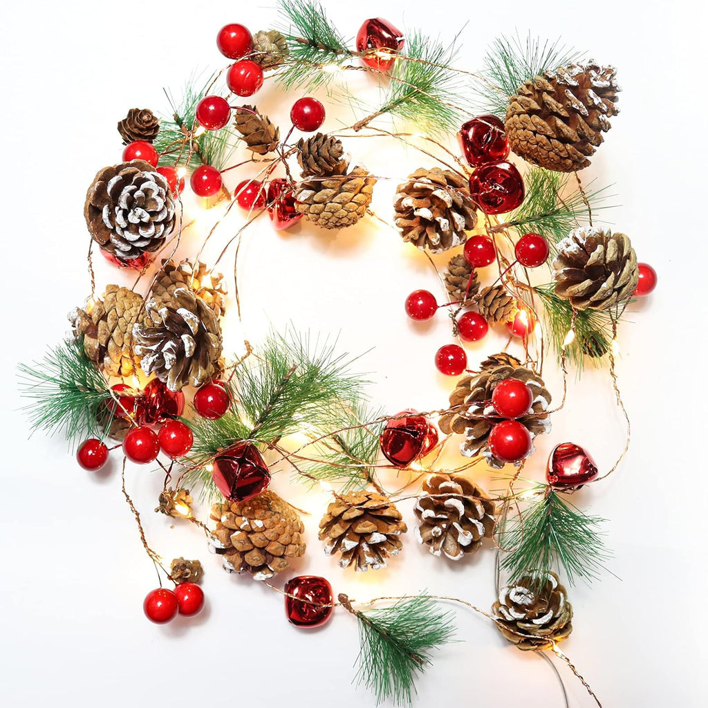 Casy Nest Christmas Garland Decoration with Lights, 7FT 20LED Pine Cone Red Berry Bell Battery Operated Christma String Light, Lighted up Pinecone Vine Indoor Outdoor Xmas Tree New Year Holiday Decor