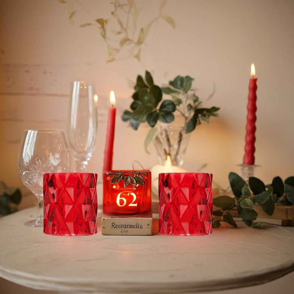 Set of 6 Red Glass Votive Candle Holders, 3" Tall Multifaceted Tealight Holders for Valentine's & Galentine's Day Decor