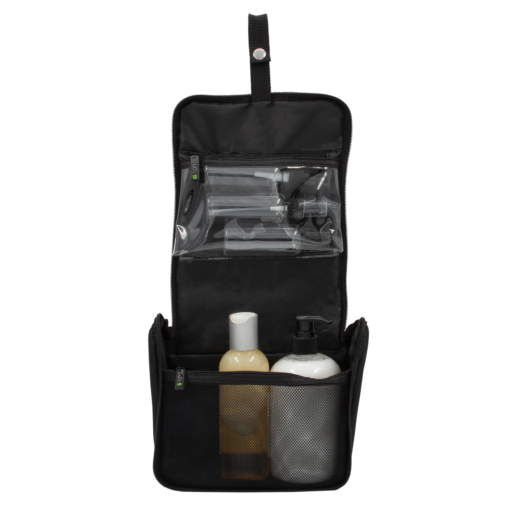 RPET Hanging Toiletry Bag Set with 3 Piece Clear Refillable Travel Bottles, Black