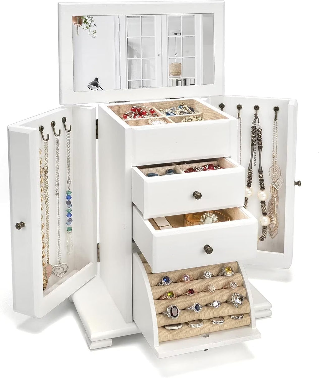 Rustic Wooden Jewelry Box for Women, 4-Layer Organizer with Mirror for Rings, Earrings, Necklaces & Bracelets, White