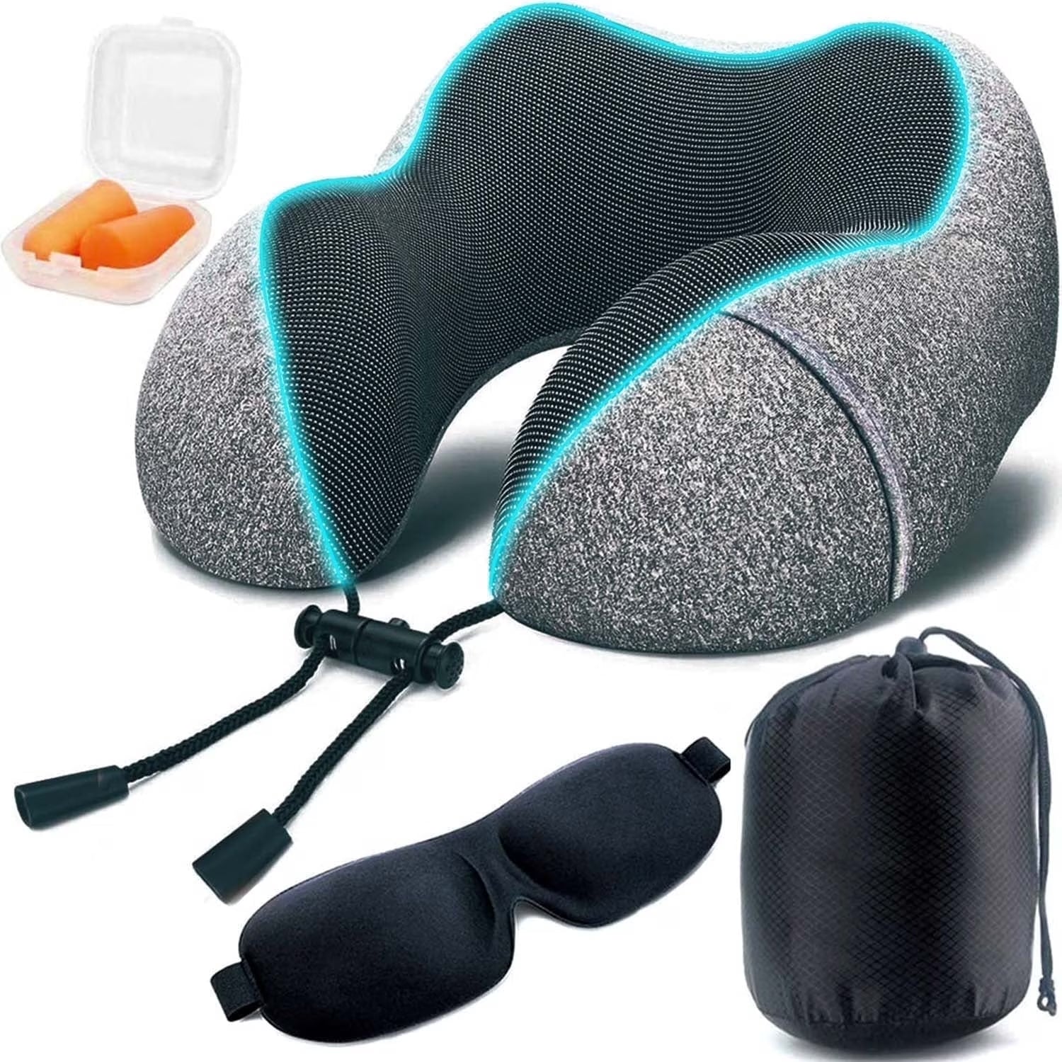 Memory Foam Travel Neck Pillow – U-Shaped Support with 3D Contoured Eye Mask, Earplugs & Travel Bag