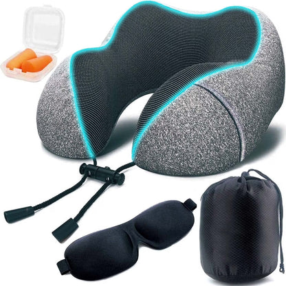 Memory Foam Travel Neck Pillow – U-Shaped Support with 3D Contoured Eye Mask, Earplugs & Travel Bag