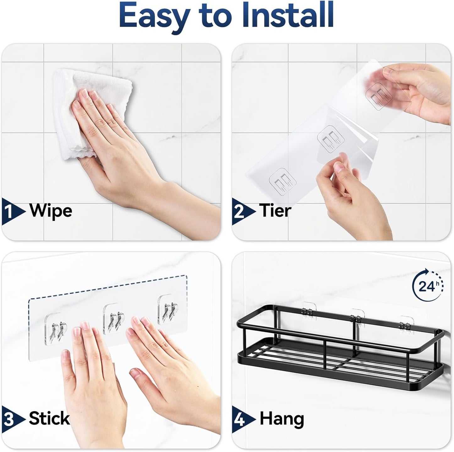 Adhesive Rustproof Shower Caddy with Removable Hooks, Large Capacity Bathroom Organizer, No-Drill Storage Shelf, Black