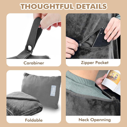 Travel Blanket Airplane Office Poncho 4 in 1 Premium Cozy Fleece Portable Poncho Blankets with Built-In Bag, Pocket