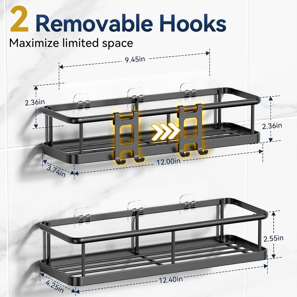 Adhesive Rustproof Shower Caddy with Removable Hooks, Large Capacity Bathroom Organizer, No-Drill Storage Shelf, Black