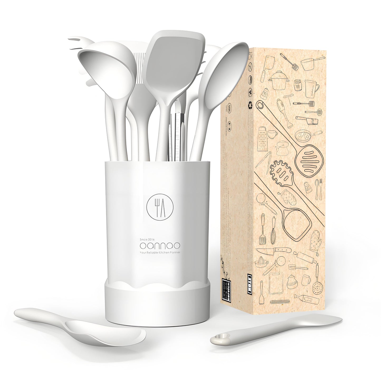 Silicone Kitchen Utensil Set, 600°F Heat Resistant Tools for Nonstick Cookware – Spatula, Spoon, Whisk, Tongs, Dishwasher Safe, BPA-Free (Cream White)