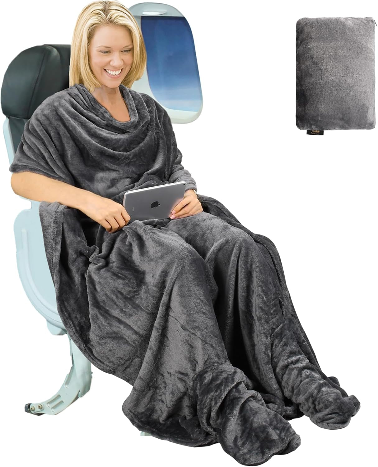 Travel Blanket Airplane Office Poncho 4 in 1 Premium Cozy Fleece Portable Poncho Blankets with Built-In Bag, Pocket