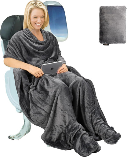Travel Blanket Airplane Office Poncho 4 in 1 Premium Cozy Fleece Portable Poncho Blankets with Built-In Bag, Pocket