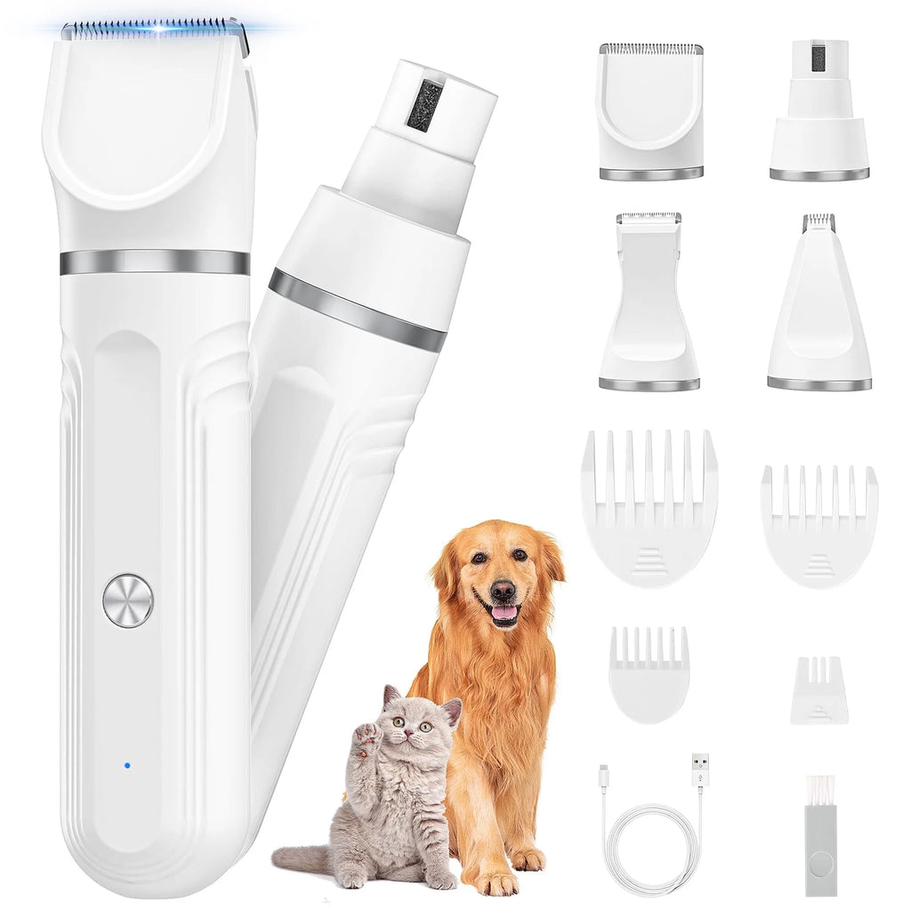 4-in-1 Cordless Pet Grooming Kit – Low-Noise Clippers & Nail Grinder for Dogs & Cats, Trims Hair on Paws, Face, Ears & Body
