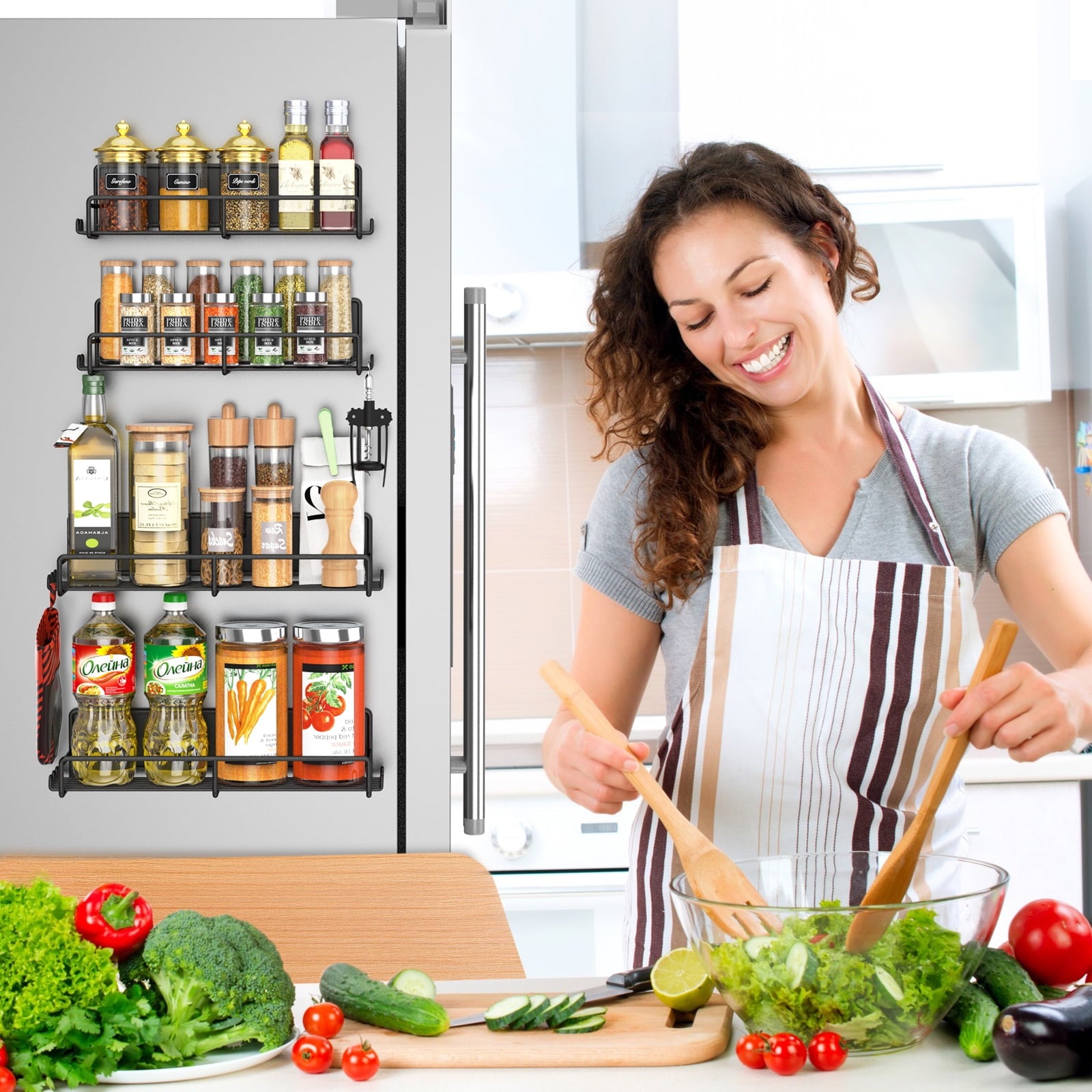 4-Pack Black Magnetic Spice Racks for Refrigerator & Oven, Metal Storage Shelves with Strong Magnets for Seasoning Organization