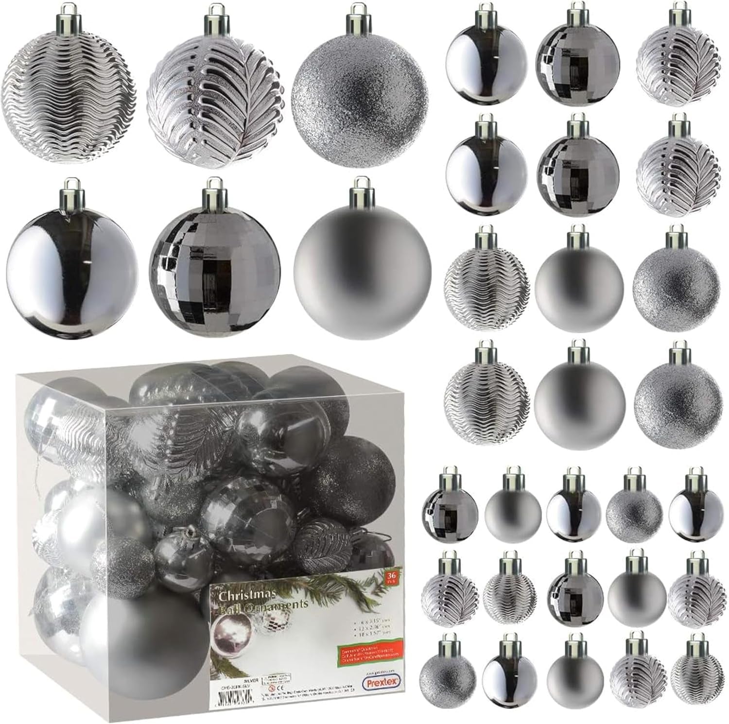 36-Piece Shatterproof Green Christmas Ornaments – 3 Sizes, 6 Styles with Hanging Loops for Tree, Wreath & Holiday Decor