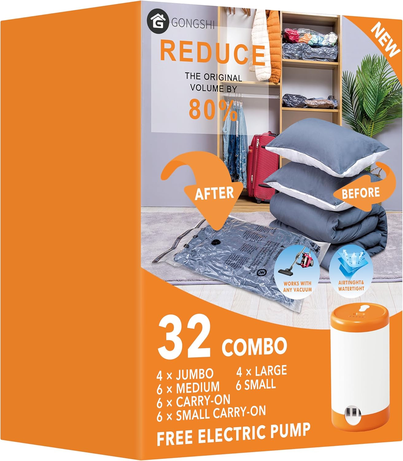 24-Pack Vacuum Storage Bags with Electric Pump – Jumbo, Large, Medium, Small & Roll-Up Bags for Clothes, Bedding, Pillows & Travel