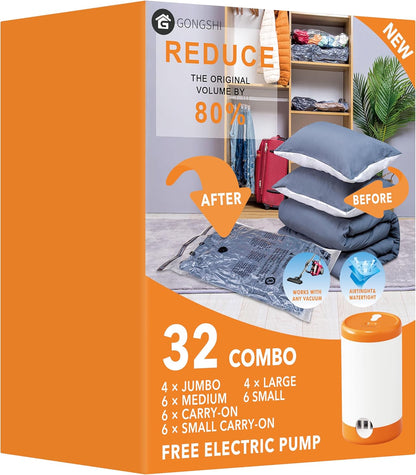 24-Pack Vacuum Storage Bags with Electric Pump – Jumbo, Large, Medium, Small & Roll-Up Bags for Clothes, Bedding, Pillows & Travel