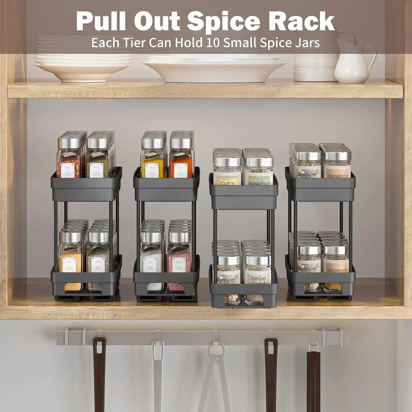 3-Pack 2-Tier Pull-Out Spice Rack Organizer for Cabinets, Slide-Out Spice Storage, Each Tier Holds 10 Jars, Easy to Install (4.33" W x 10.4" D x 8.5" H)