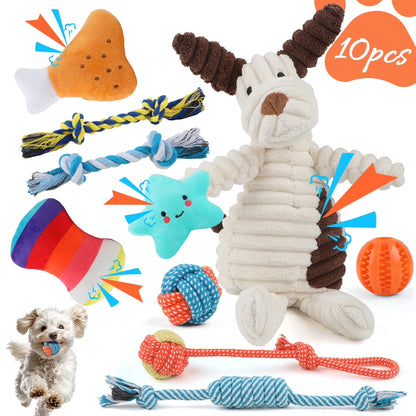 Dog Toys for Small Dogs ,10 Pack Puppy Chew Toys for Teething and Training with Plush Squeaky Toys, Treat Ball and Rope Toys to Keep Them Busy，White Dog