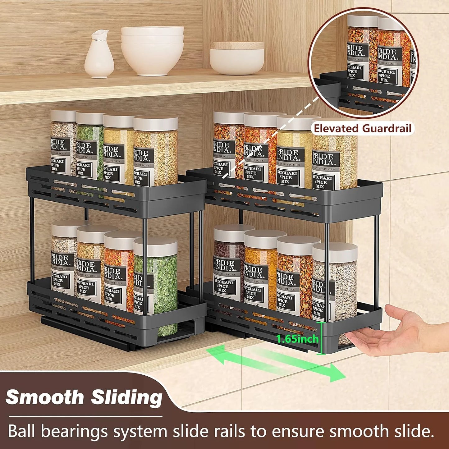 3-Pack 2-Tier Pull-Out Spice Rack Organizer for Cabinets, Slide-Out Spice Storage, Each Tier Holds 10 Jars, Easy to Install (4.33" W x 10.4" D x 8.5" H)