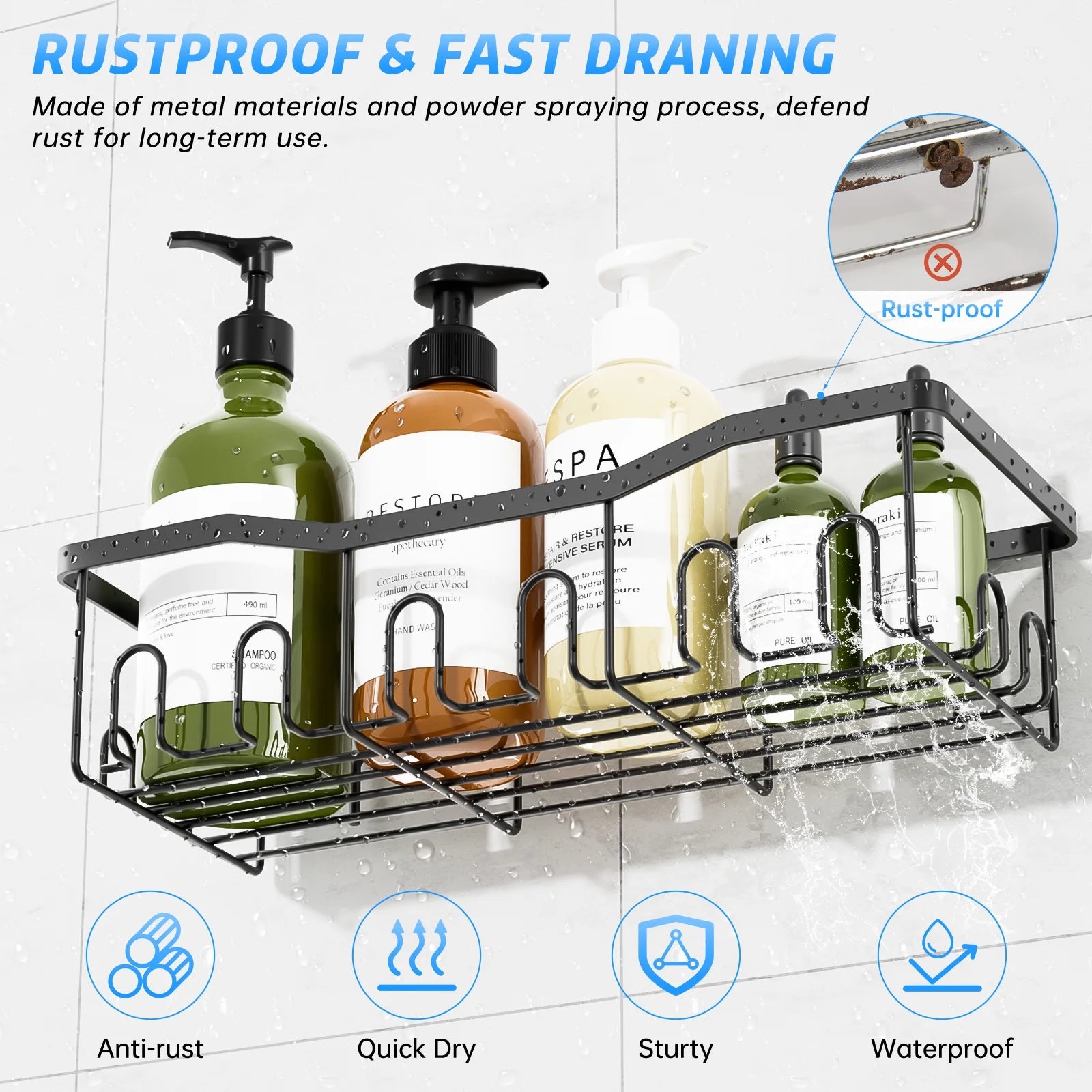 Shower Caddy, 5-Pack Adhesive Shower Shelves with 28 Hooks, 2 Soap Dishes & Tootbrush Shelf, Rustproof Stainless Steel Bath Organizers W/ Large Capacity, No Drilling Shelves for Bathroom Storage