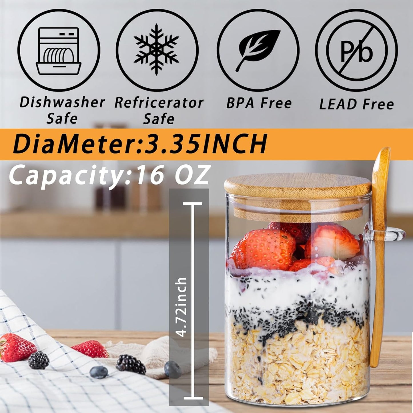 4-Pack 16oz Glass Overnight Oats & Meal Prep Containers with Lids, Oatmeal & Pudding Jars