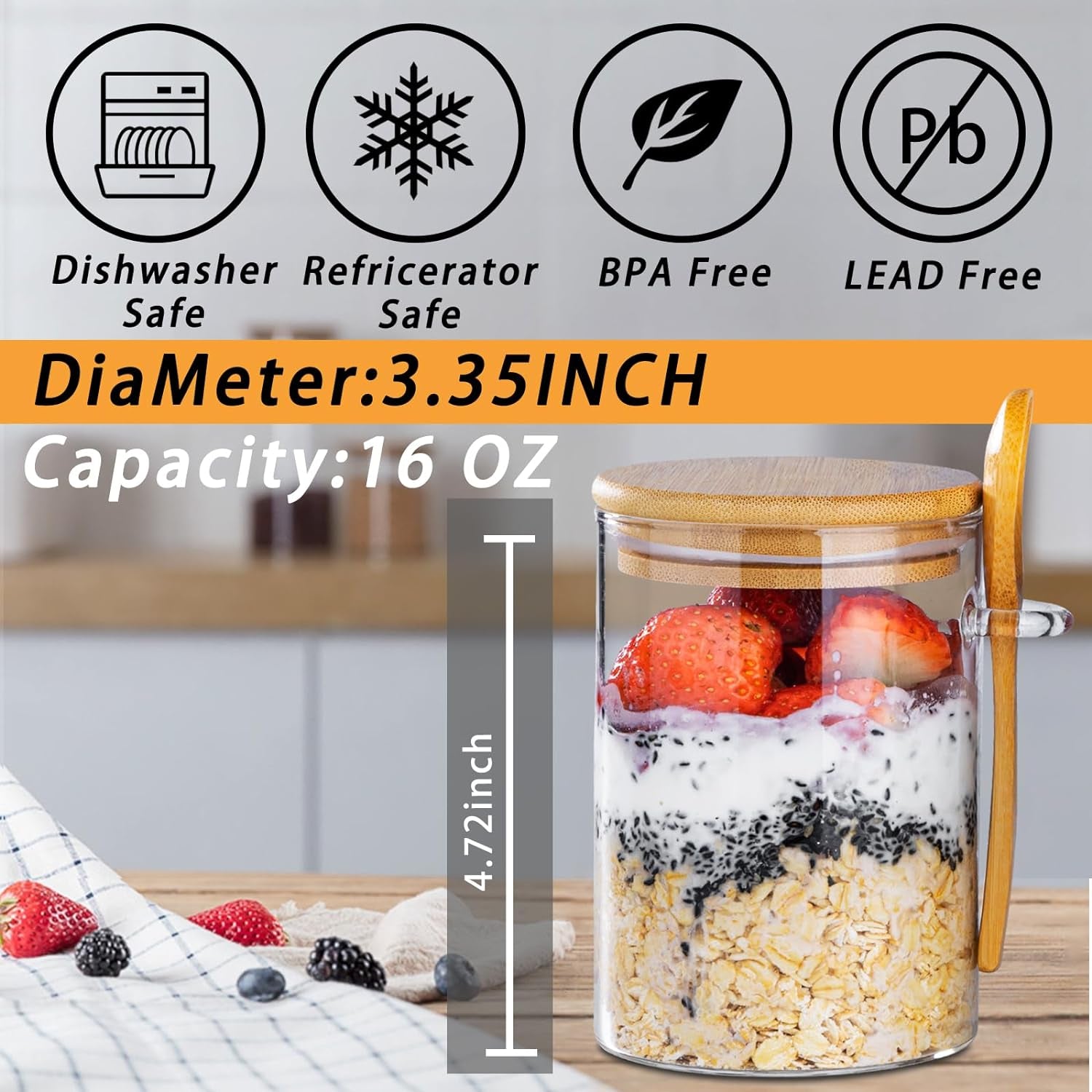 4-Pack 16oz Glass Overnight Oats & Meal Prep Containers with Lids, Oatmeal & Pudding Jars