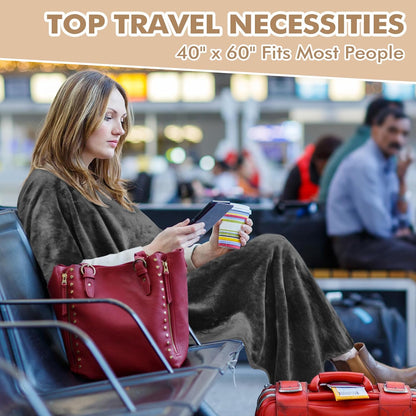 Travel Blanket Airplane Office Poncho 4 in 1 Premium Cozy Fleece Portable Poncho Blankets with Built-In Bag, Pocket