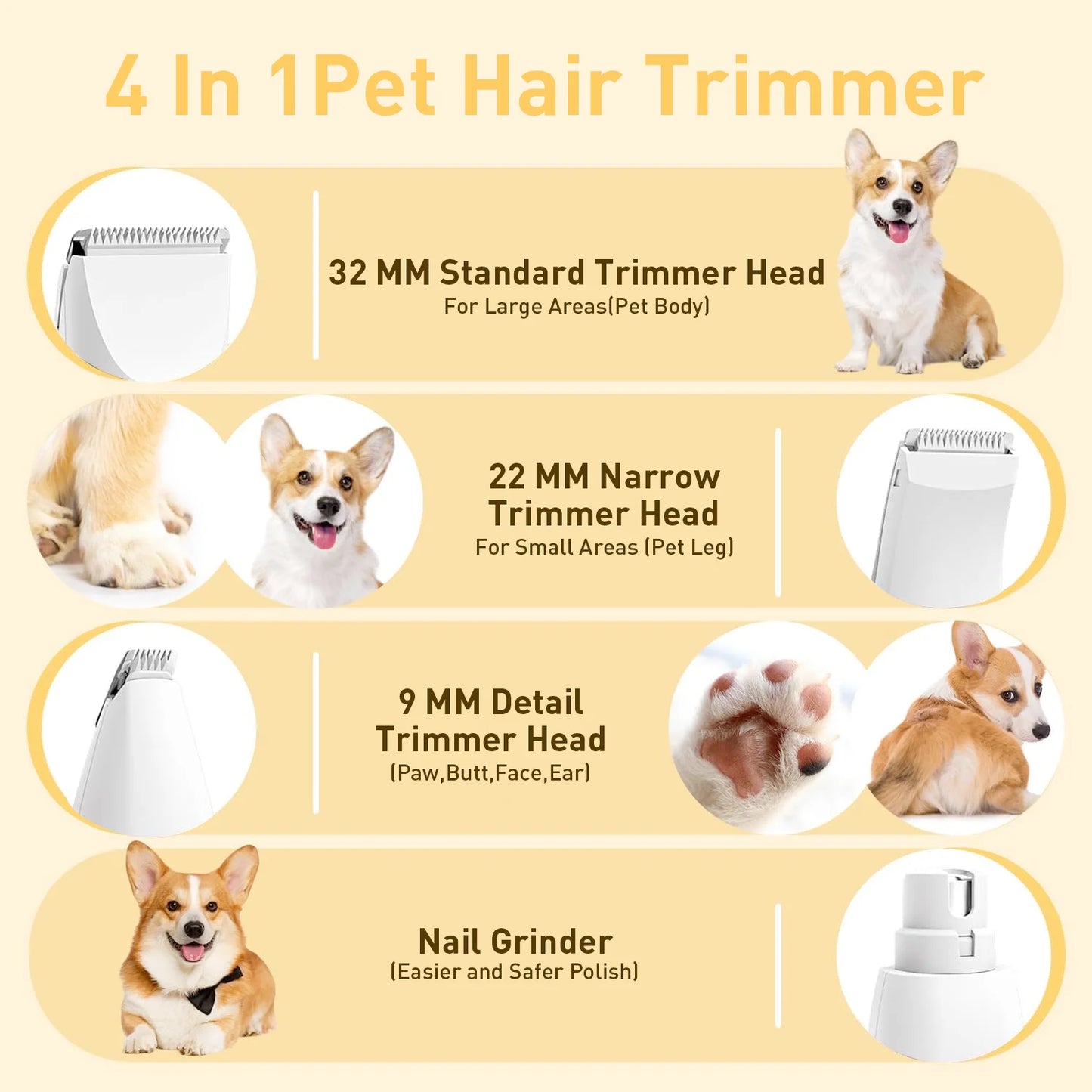 4-in-1 Cordless Pet Grooming Kit for Dogs & Cats – Clippers & Nail Grinder for Hair, Nails, Paws, Face & Ears